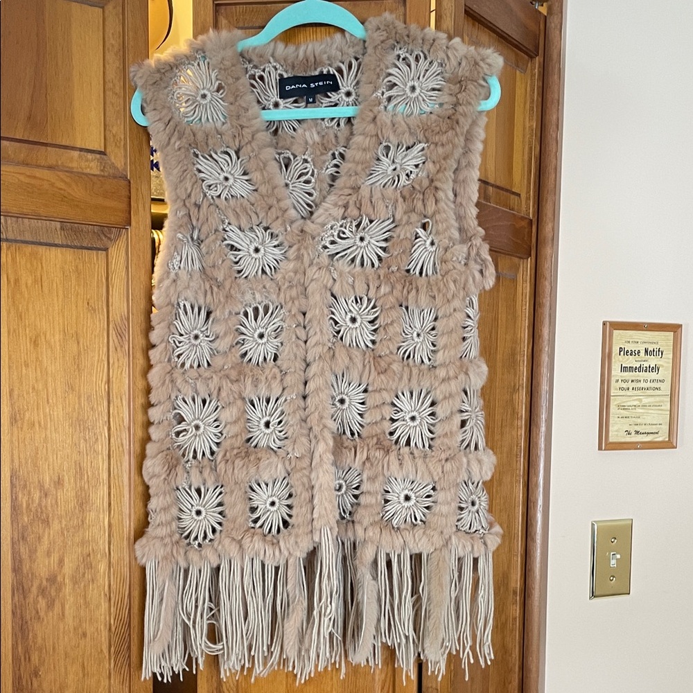 Dana Scott Taupe rabbit Fur Crochet Fringe Vest